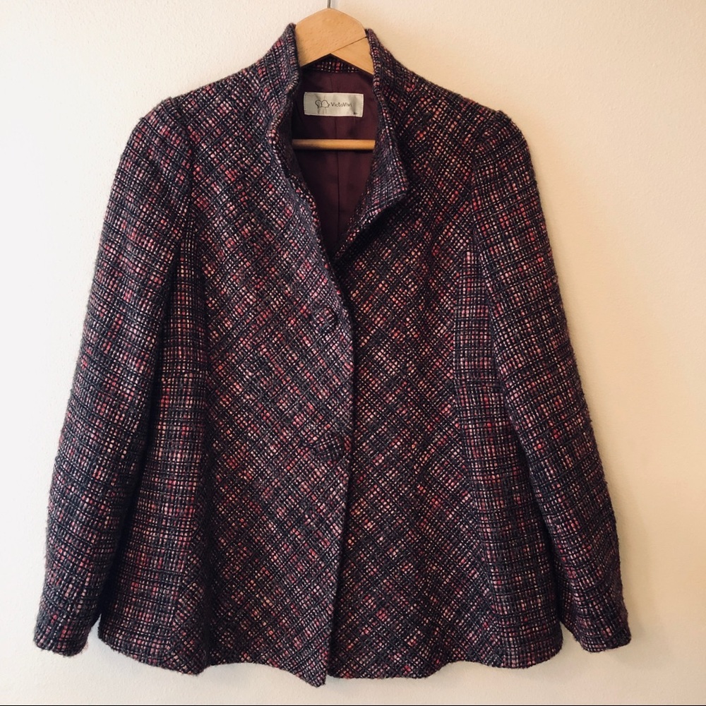 VictoVivi Boucle Tweed Jacket Burgundy Red Black Funnel Collar Size L